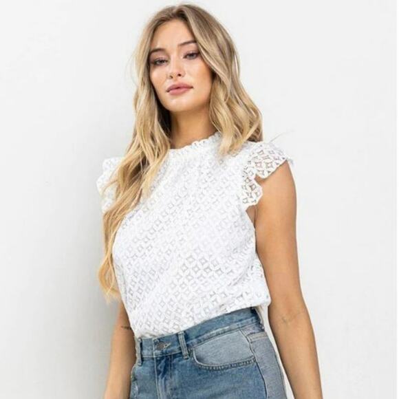 Women's Ruffle Sleeve Mock Neck Lace Blouse Top - LARGE - Picture 2 of 2